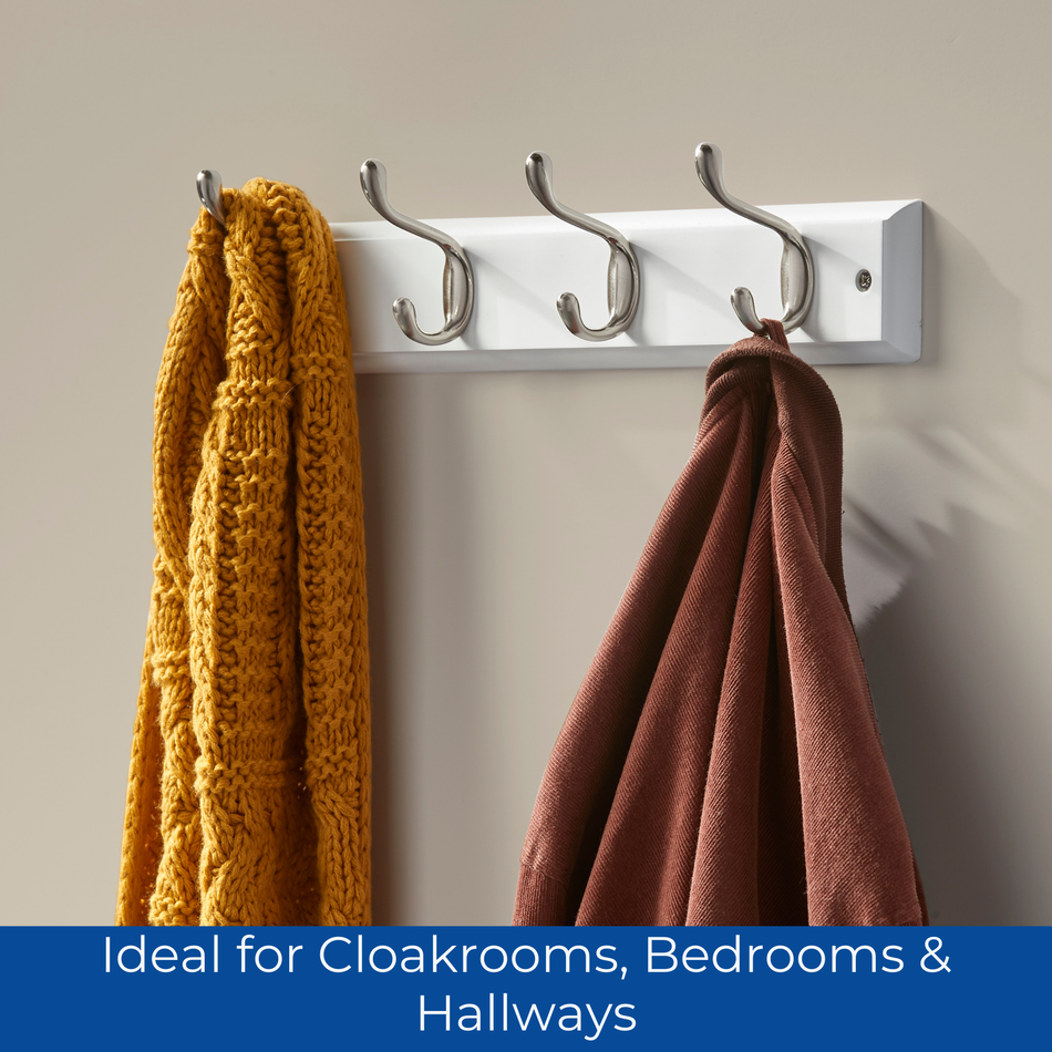 White Wooden Wall Mounted Coat Rack with Basic Satin Nickel Double Hooks - 4 Hooks