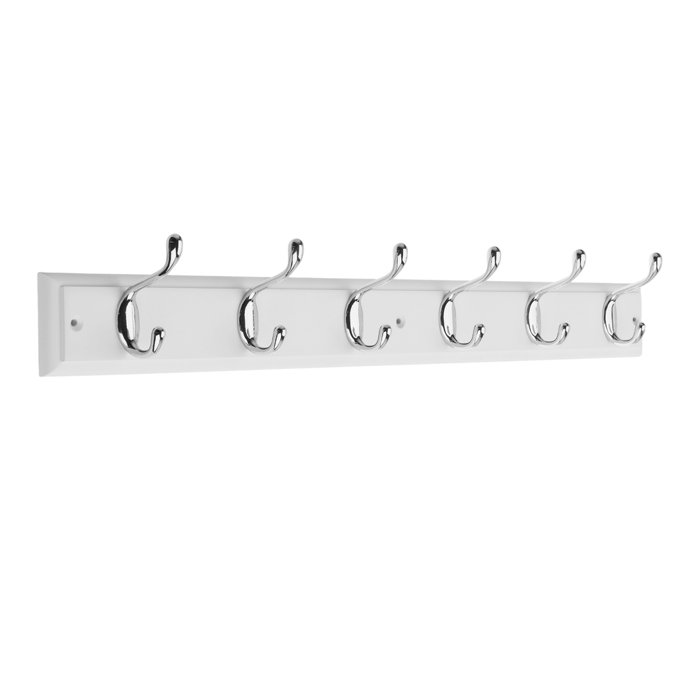 White Wooden Wall Mounted Coat Rack with Basic Polished Chrome Hooks - 6 Hooks