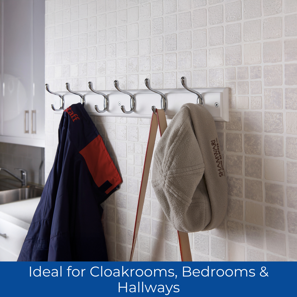 White Wooden Wall Mounted Coat Rack with Basic Polished Chrome Hooks - 6 Hooks