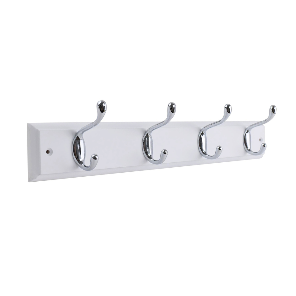 White Wooden Wall Mounted Coat Rack with Basic Polished Chrome Hooks - 4 Hooks
