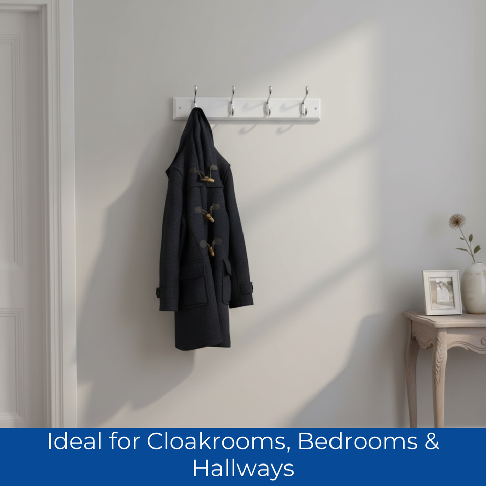 White Wooden Wall Mounted Coat Rack with Basic Polished Chrome Hooks - 4 Hooks