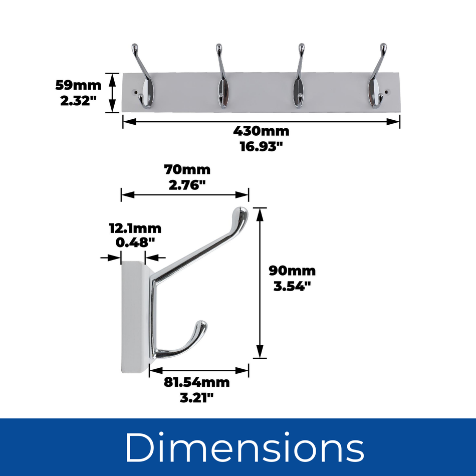 4-Hook Wall Mounted Coat Rack-450mm White Board-Double Chrome Hooks