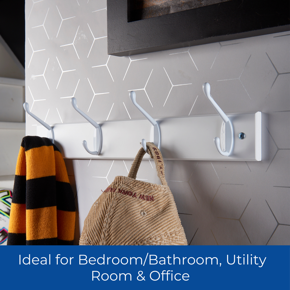 4-Hook Wall Mounted Coat Rack-450mm White Board-Double White Hooks