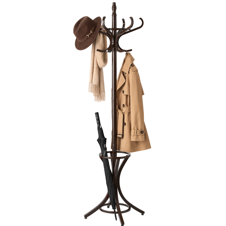 Wooden Coat Stand & Umbrella Holder, Rotating Top Tier - Walnut Effect
