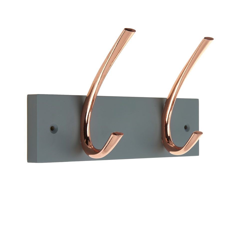2 Copper Ribbed Double Hooks-Coat Rack on 225mm Grey Board Wall Mounted