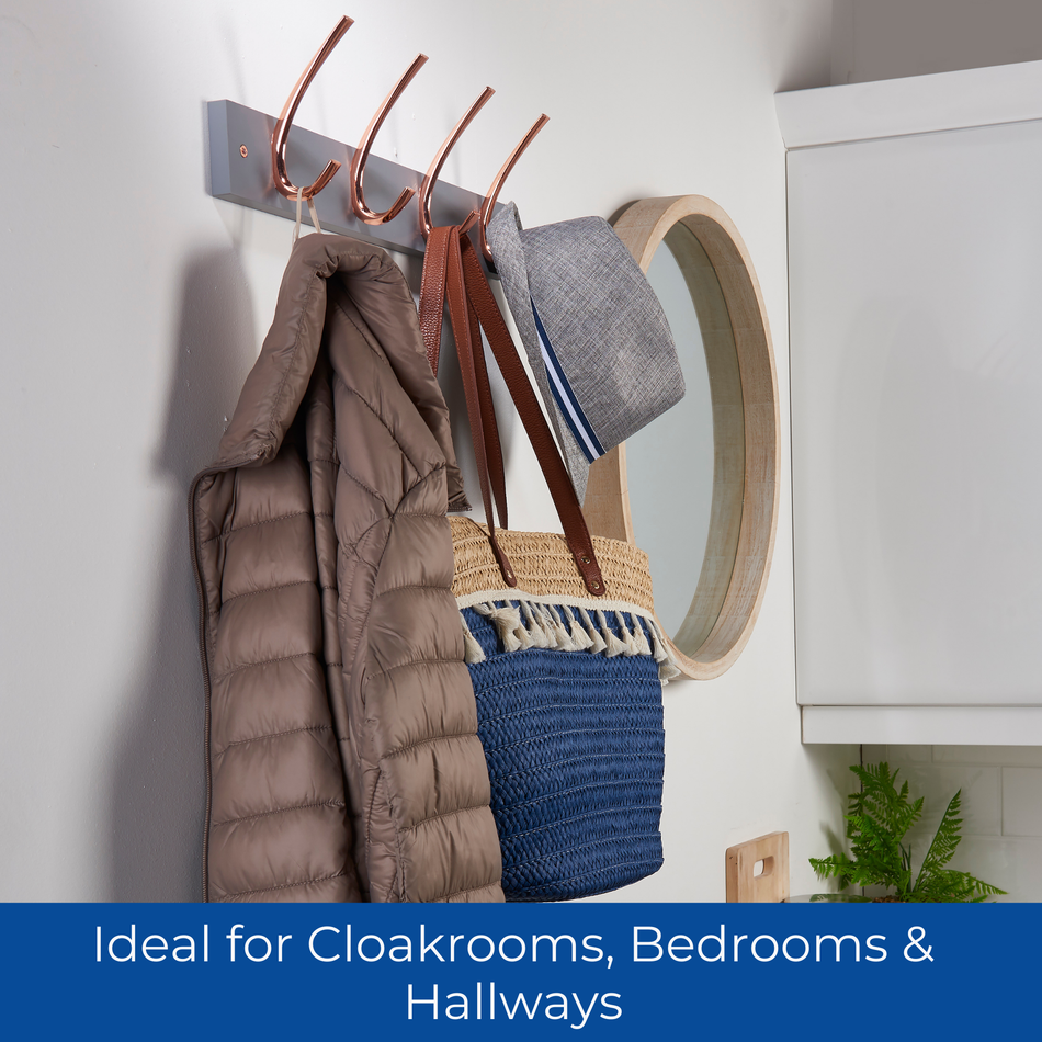 4 Copper Ribbed Double Hooks-Coat Rack on 460mm Grey Board Wall Mounted