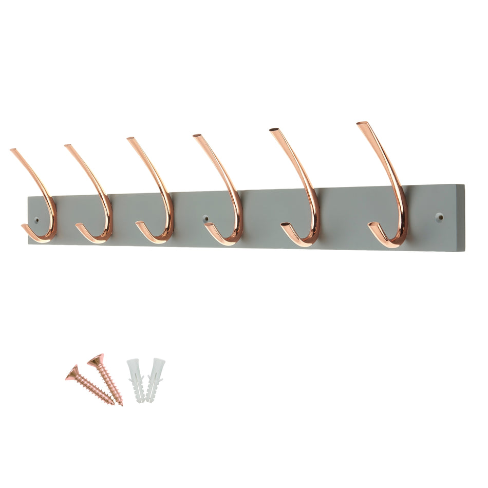 Grey Wall Mounted Coat Rack, 6 Polished Copper Ribbed Hooks