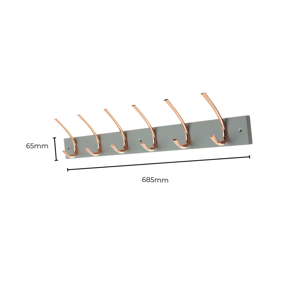 Grey Wall Mounted Coat Rack, 6 Polished Copper Ribbed Hooks
