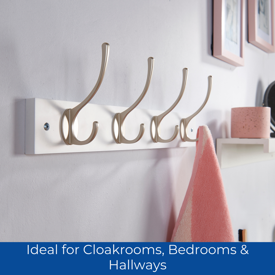 White Wall Mounted Coat Rack with Victorian Satin Nickel Hooks - 4 Double Hooks