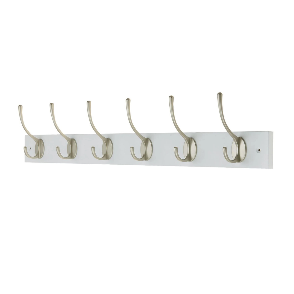 White Wall Mounted Coat Rack with Victorian Satin Nickel Hooks - 6 Double Hooks