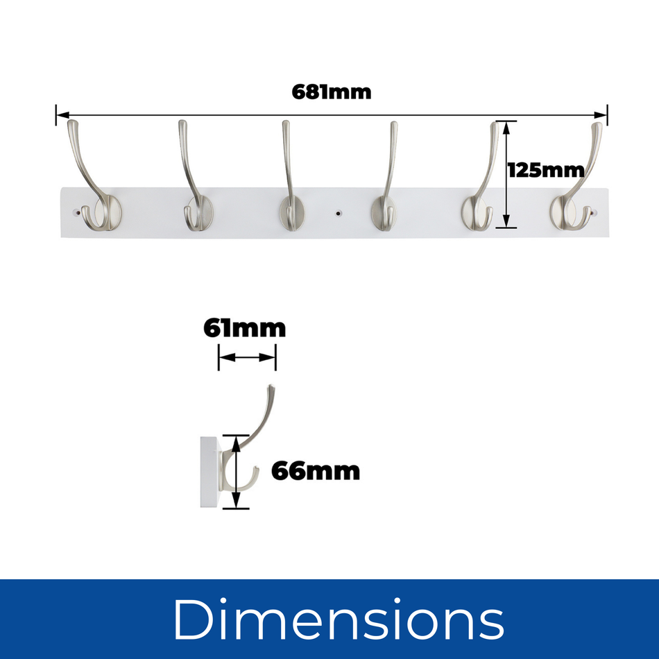 White Wall Mounted Coat Rack with Victorian Satin Nickel Hooks - 6 Double Hooks