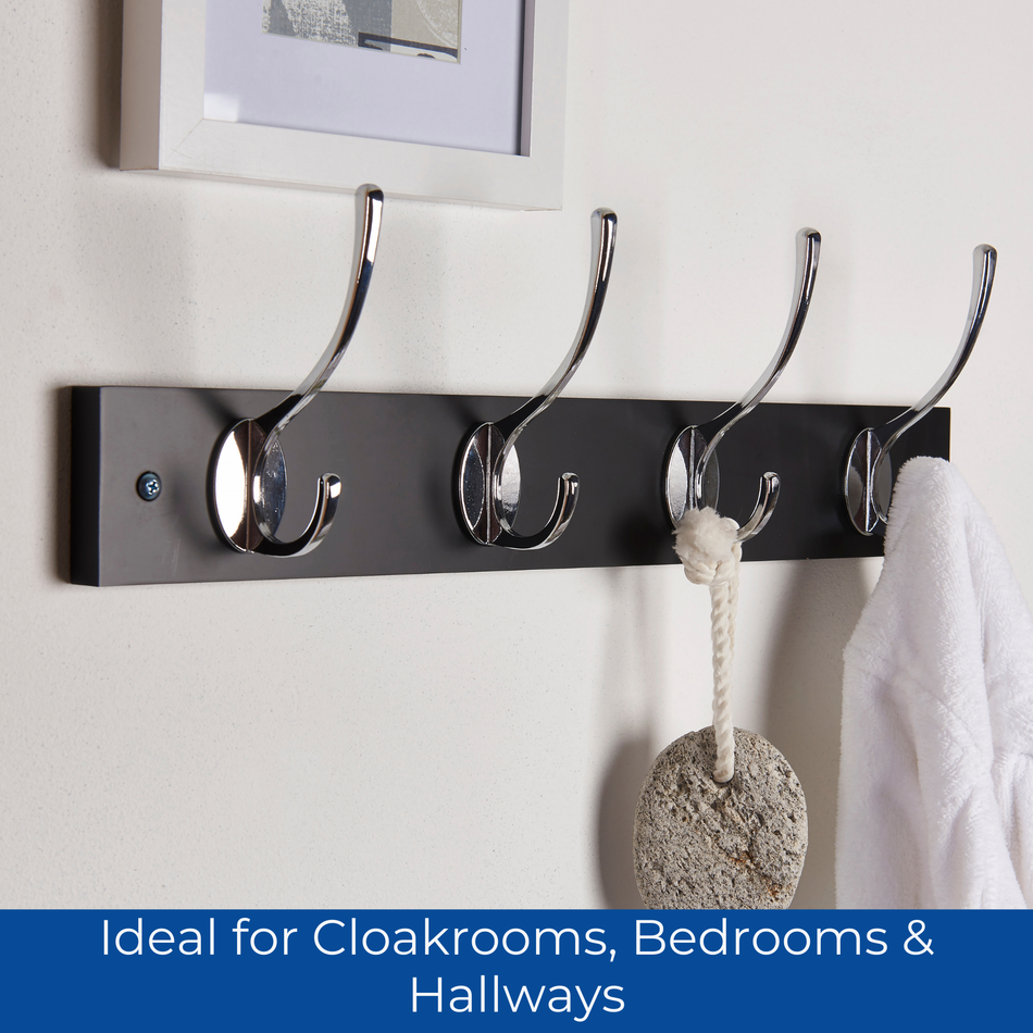 Black Wall Mounted Coat Rack with Victorian Chrome Hooks - 4 Double Hooks