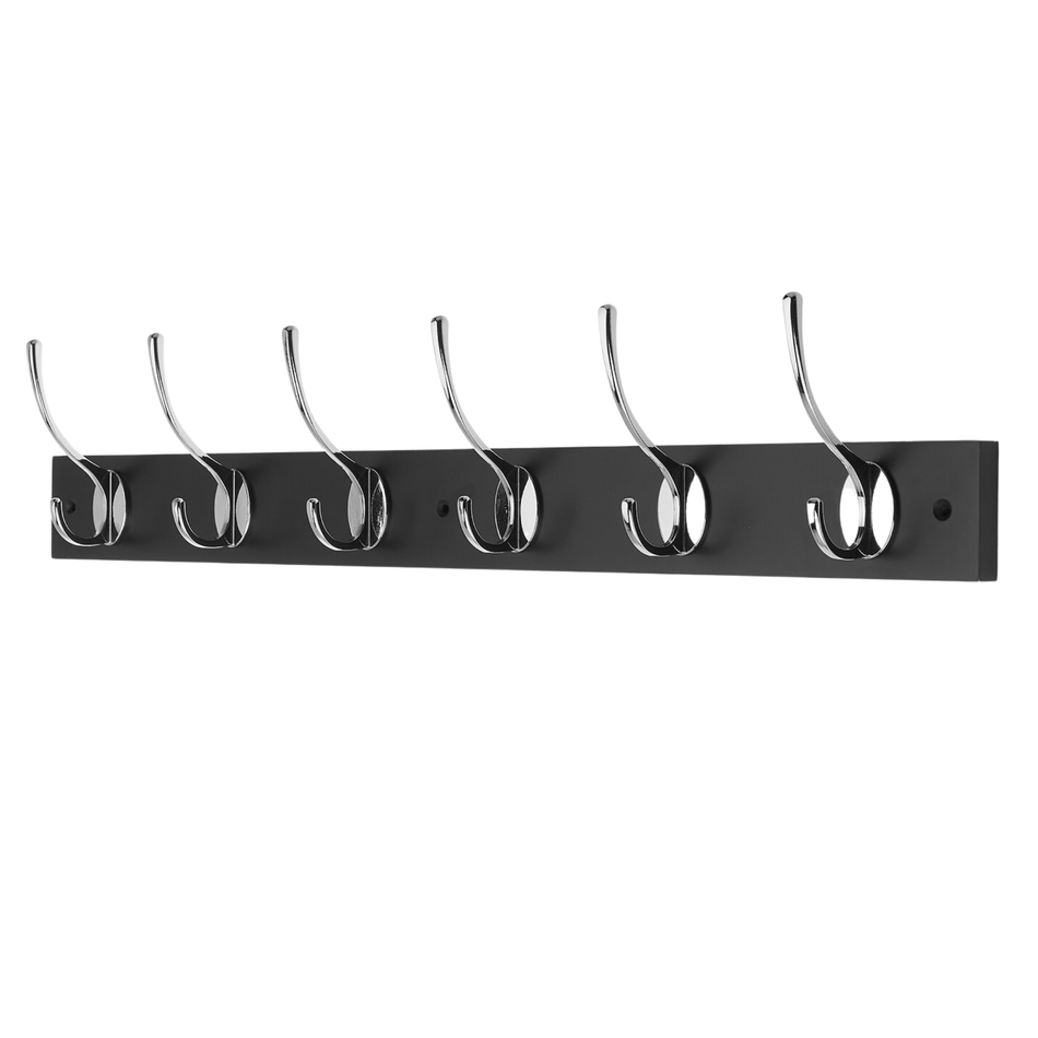 Black Wall Mounted Coat Rack with Victorian Chrome Hooks - 6 Double Hooks