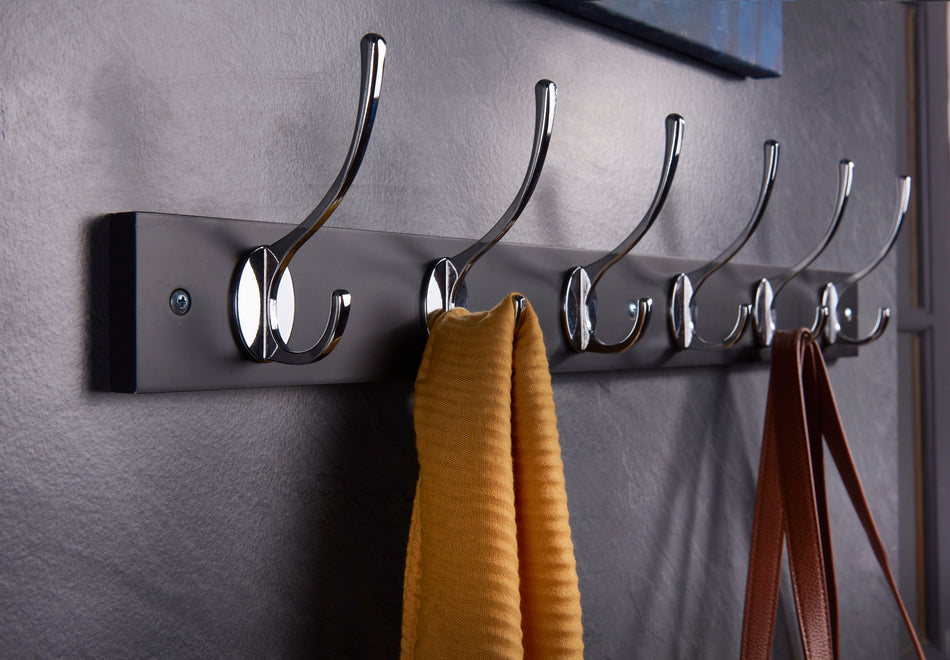 Coat Rack  -  Black Block with 6 Chrome Victorian Style Hooks FSC100%