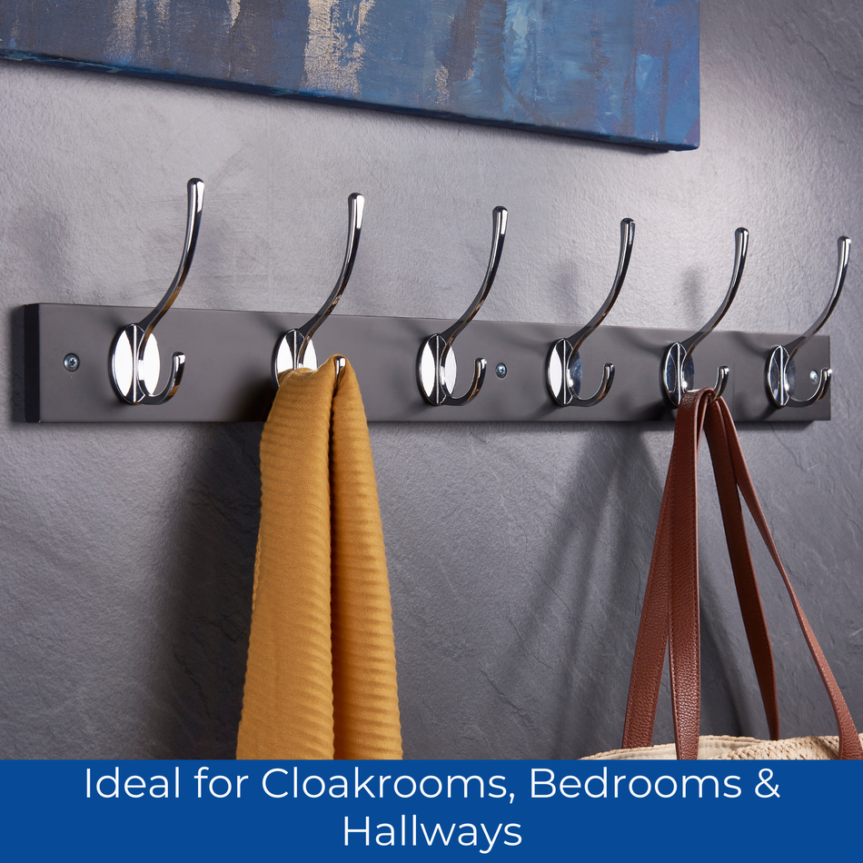 Black Wall Mounted Coat Rack with Victorian Chrome Hooks - 6 Double Hooks