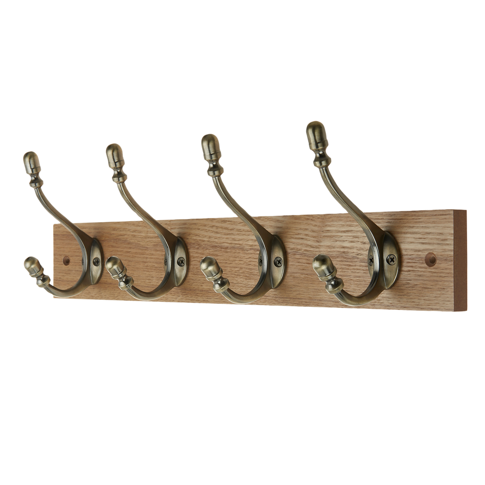 Rustic Wall-Mounted Coat 4 Hook Rail 46cm Wooden & Ceramic Hooks Coats Towel