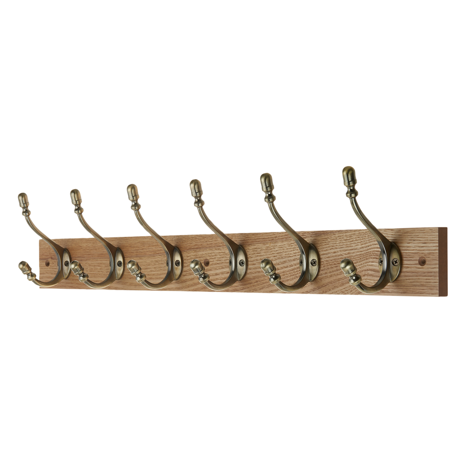 Rustic Wall-Mounted Coat 6 Hook Rail 69cm Wooden & Ceramic Hooks Coats Towel