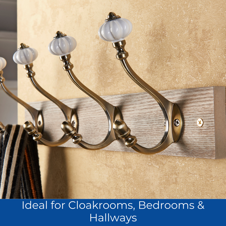 Victorian Wall-Mounted Coat 4 Hook Rail 46cm Wooden & Ceramic Hooks Coats Towel