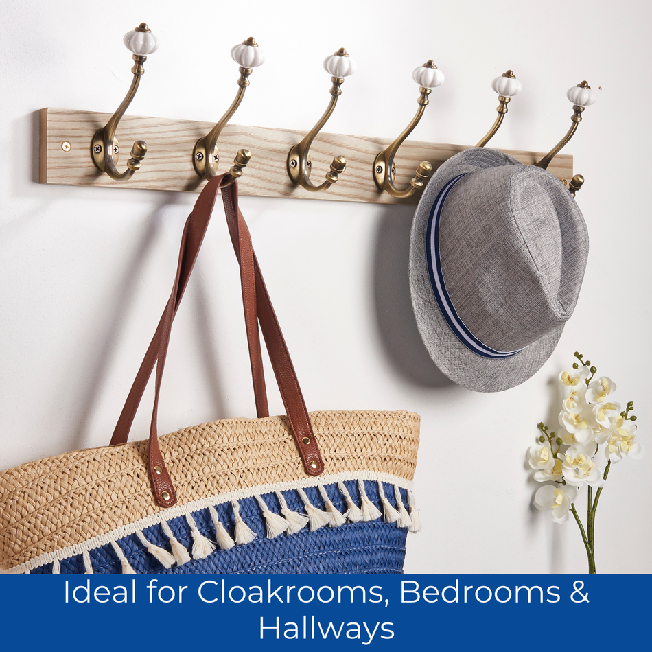 Victorian Wall-Mounted Coat 6 Hook Rail 69cm Wooden & Ceramic Hooks Coats Towel