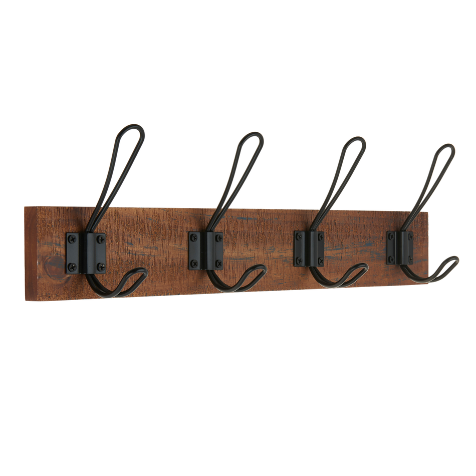 Rustic Wooden Wall Mounted Coat Rack with Black Wire Double Hooks - 4 Hooks