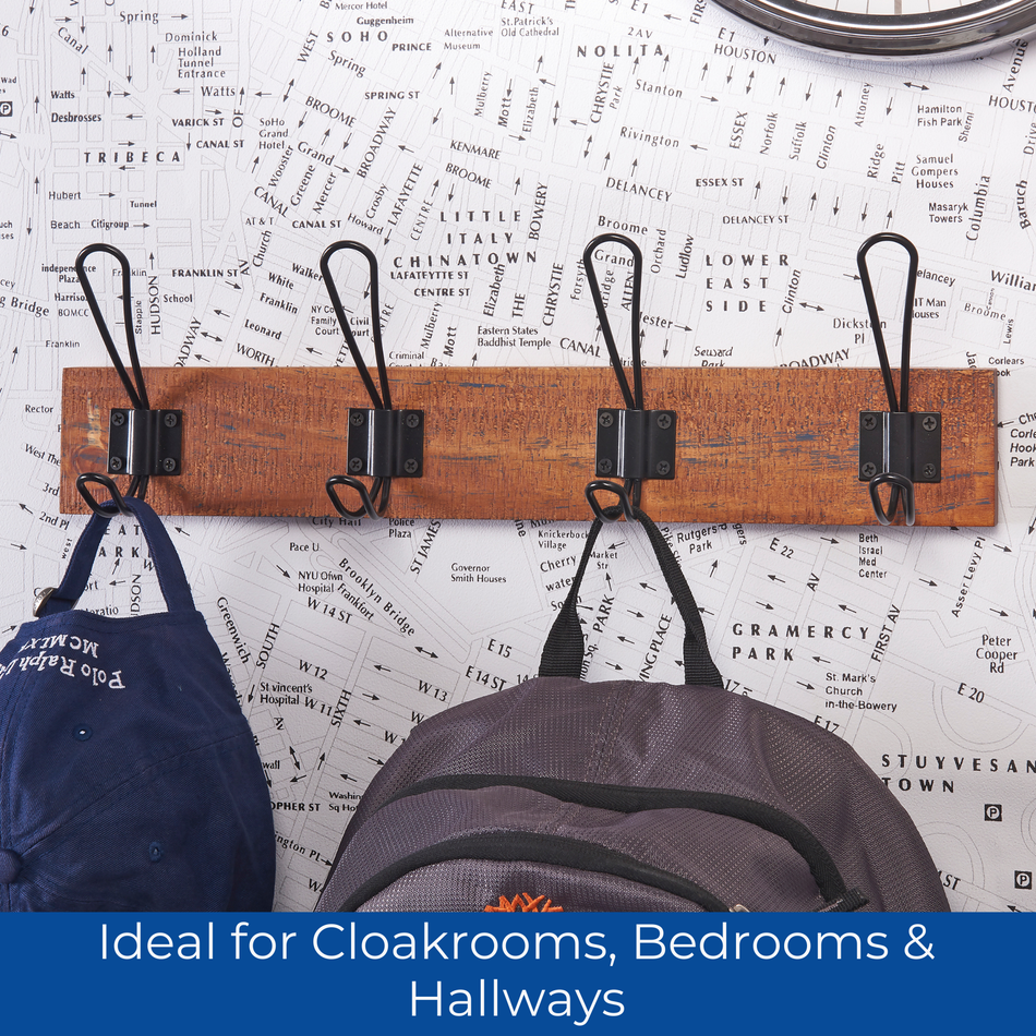 Rustic Wooden Wall Mounted Coat Rack with Black Wire Double Hooks - 4 Hooks