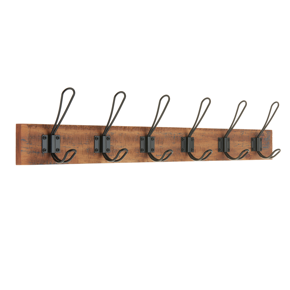 Rustic Wooden Wall Mounted Coat Rack with Black Wire Double Hooks - 6 Hooks