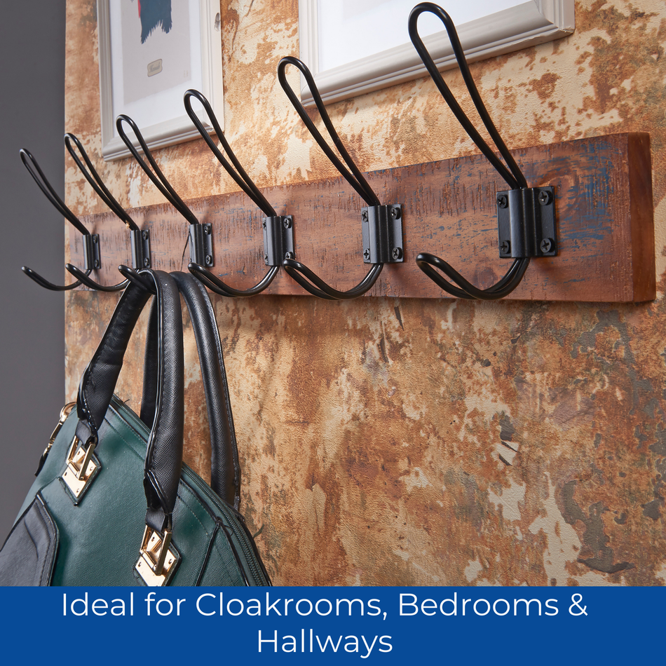 Rustic Wooden Wall Mounted Coat Rack with Black Wire Double Hooks - 6 Hooks