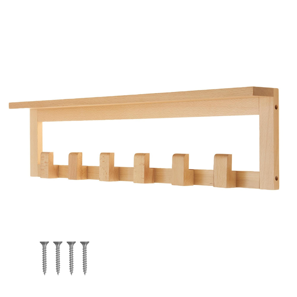 Wooden Wall Mounted Coat Rack with Shelf - 6 Pegs