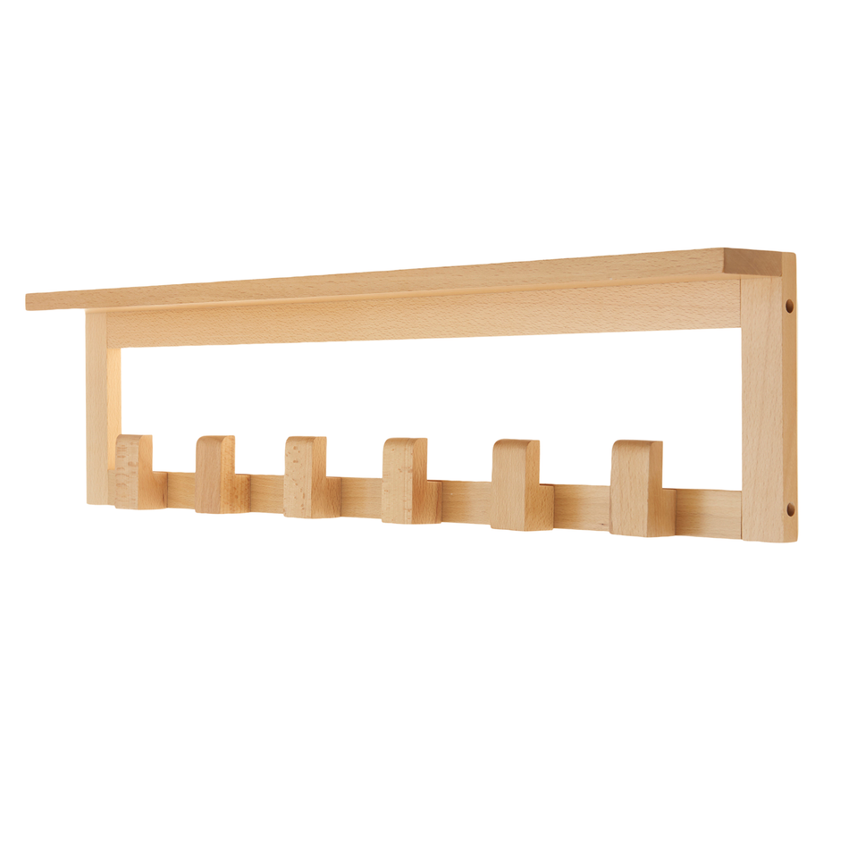 Wooden Wall Mounted Coat Rack with Shelf - 6 Pegs