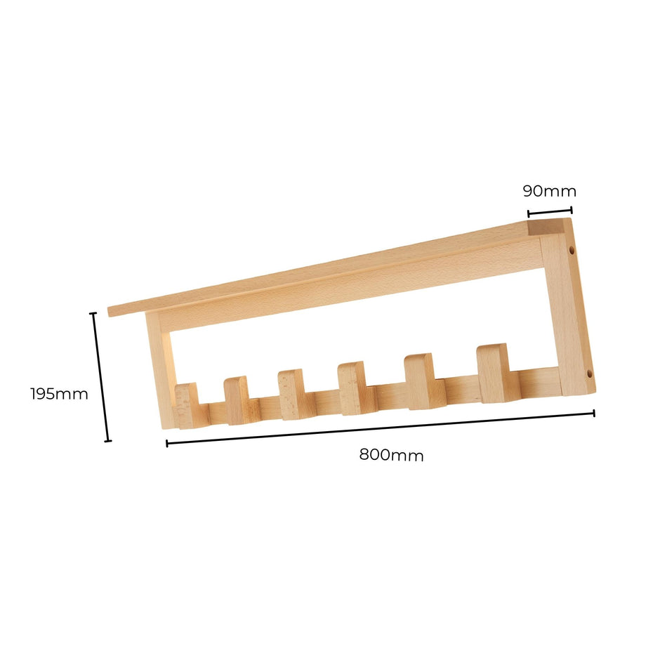 Wooden Wall Mounted Coat Rack with Shelf - 6 Pegs