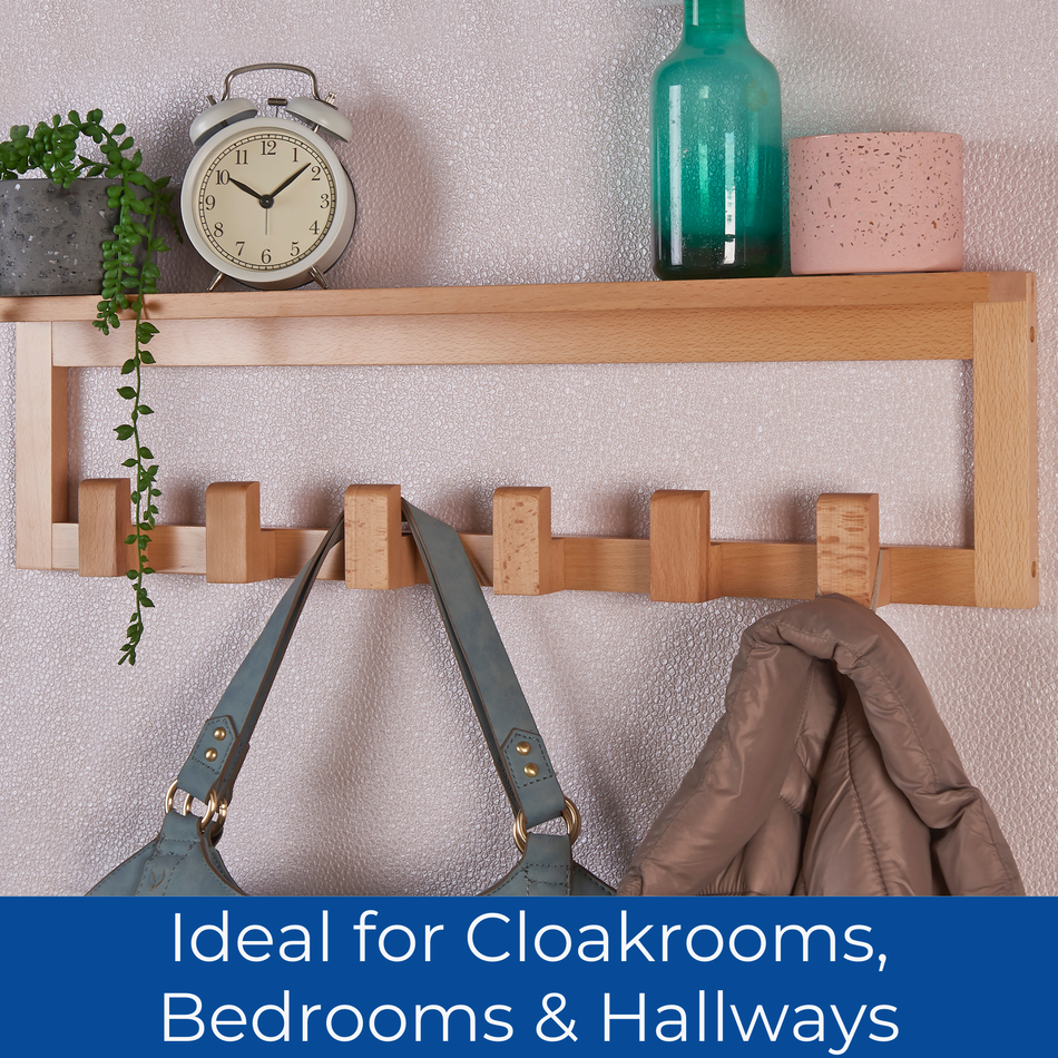 Wooden Wall Mounted Coat Rack with Shelf - 6 Pegs