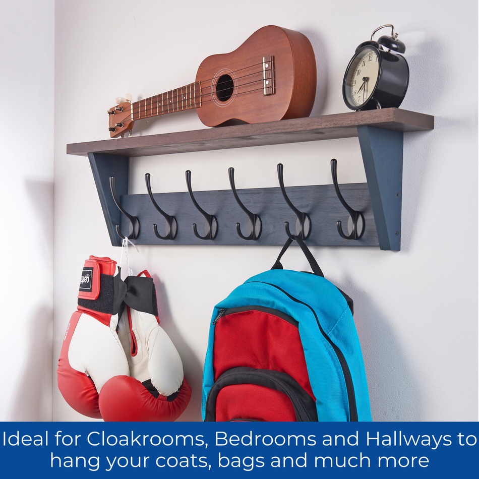 Victorian 6 Hook Coat Rack Wall Mounted with Shelf- 800mm-Grey Oak Effect