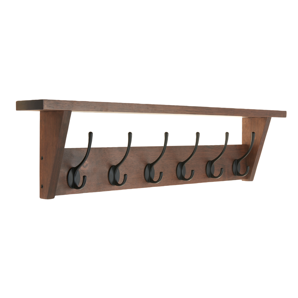 Victorian 6 Hook Coat Rack Wall Mounted with Shelf - 80cm - Oak