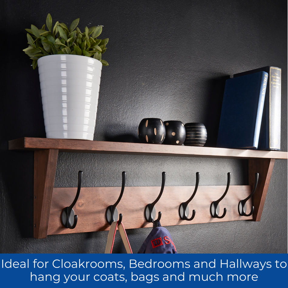 Victorian 6 Hook Coat Rack Wall Mounted with Shelf - 80cm - Oak
