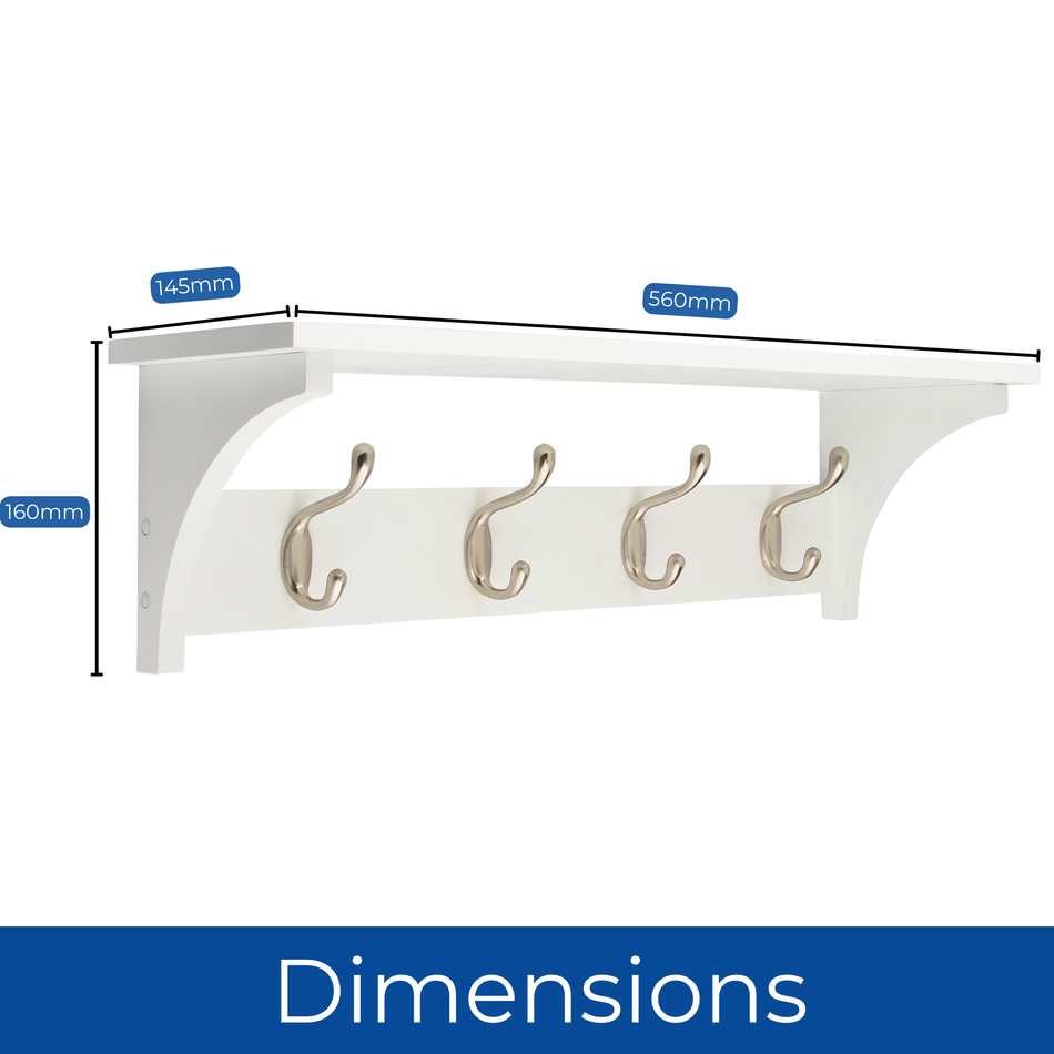 Victorian 4 Hook Coat Rack Wall Mounted with Shelf - 56cm - White