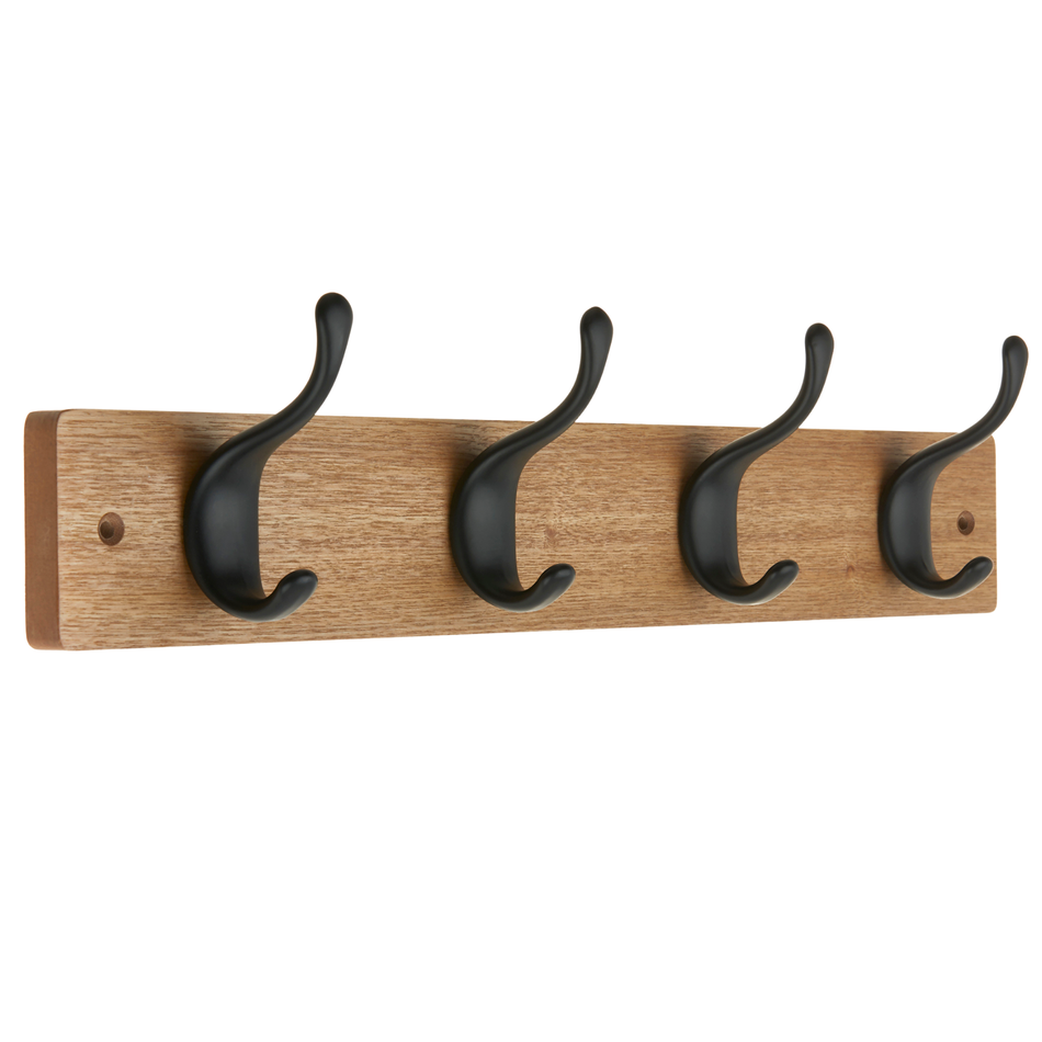 Grey Ash Wooden Wall Mounted Coat Rack with Black Modern Double Hooks - 4 Hooks