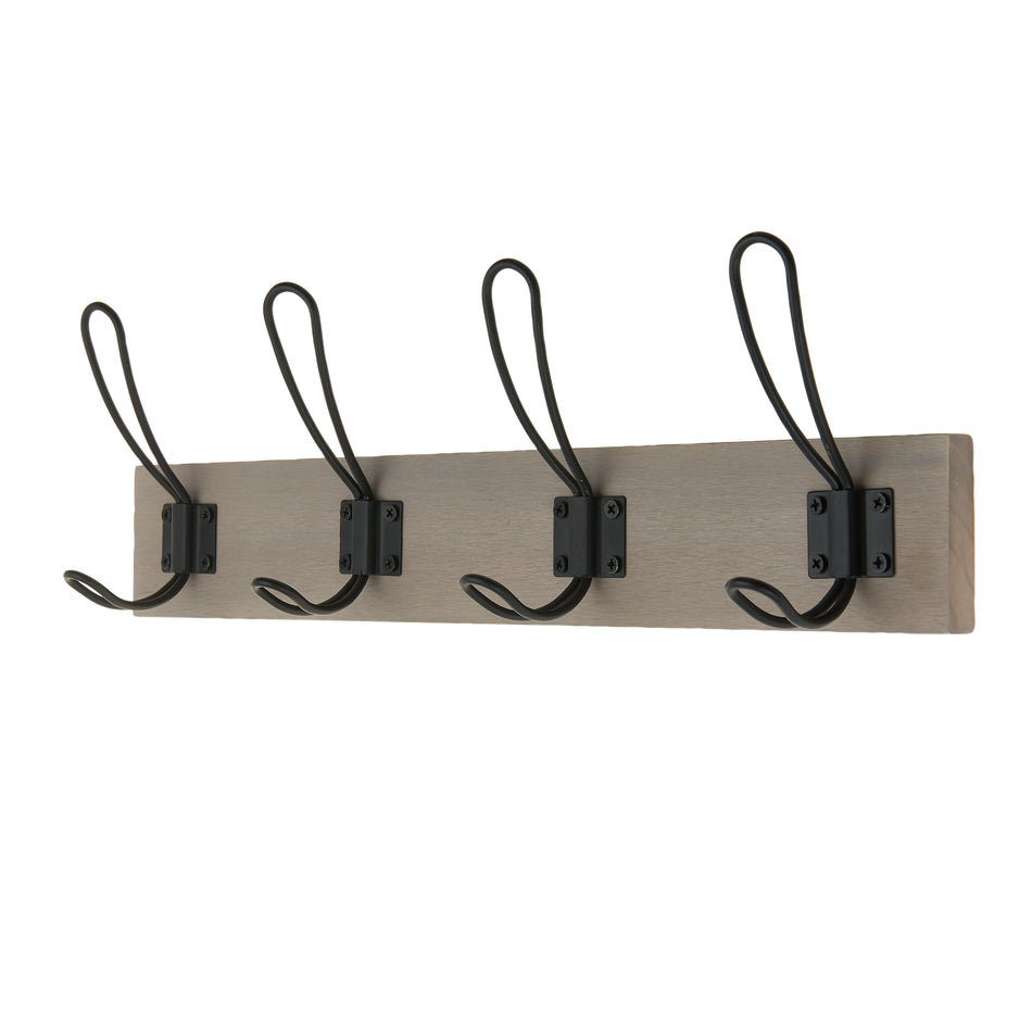 Coat Rack  -  Grey Ash Style with 4 Black Wire Hooks