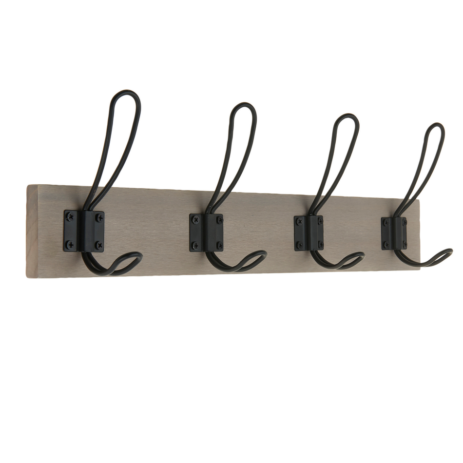 Grey Ash Wooden Wall Mounted Coat Rack with Black Wire Double Hooks - 4 Hooks