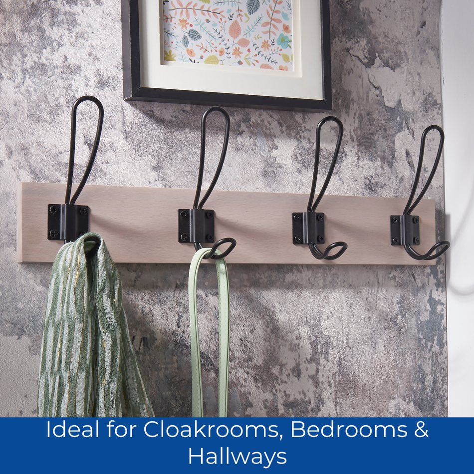 Grey Ash Wooden Wall Mounted Coat Rack with Black Wire Double Hooks - 4 Hooks
