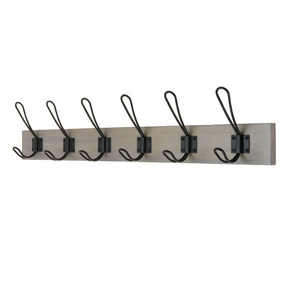 Coat Rack  -  Grey Ash Style with 6 Black Wire Hooks
