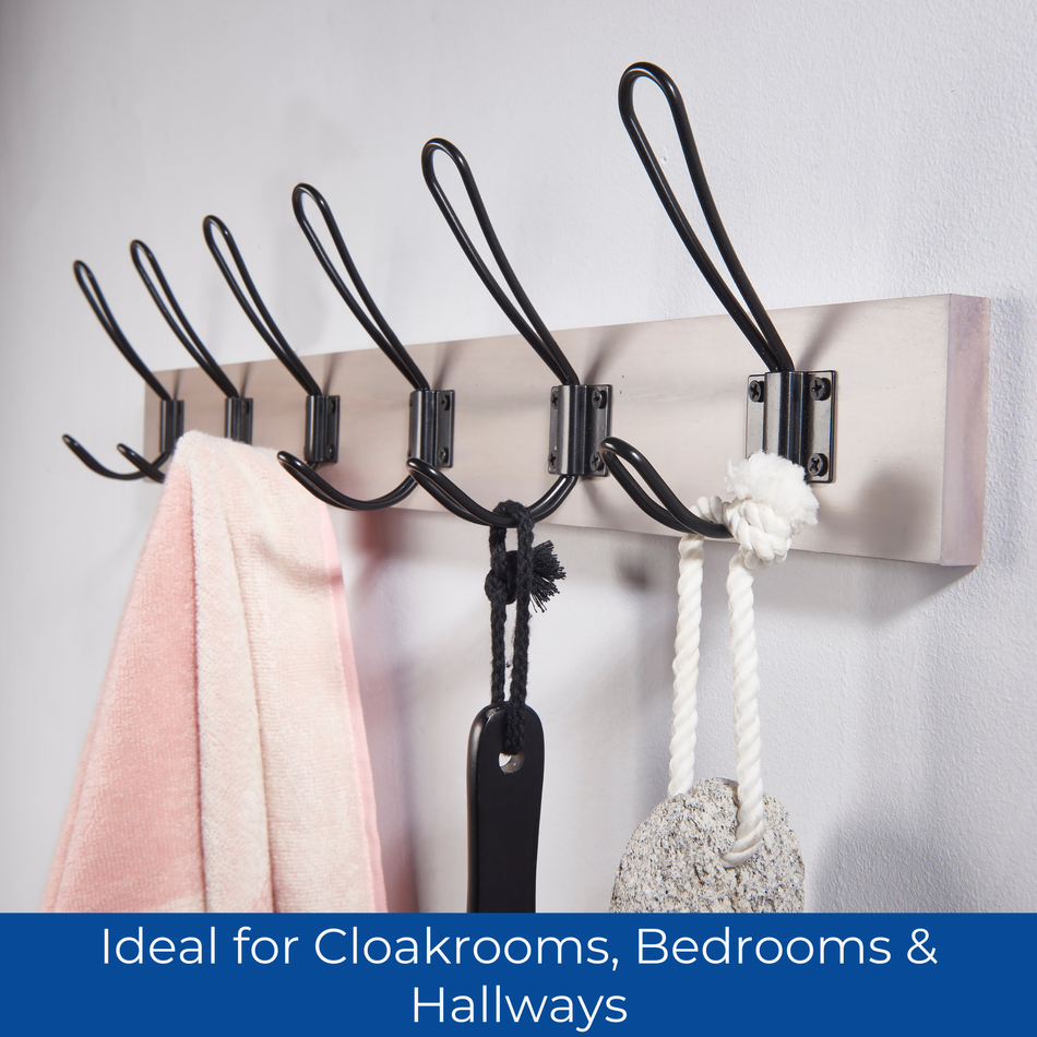 Grey Ash Wooden Wall Mounted Coat Rack with Black Wire Double Hooks - 6 Hooks