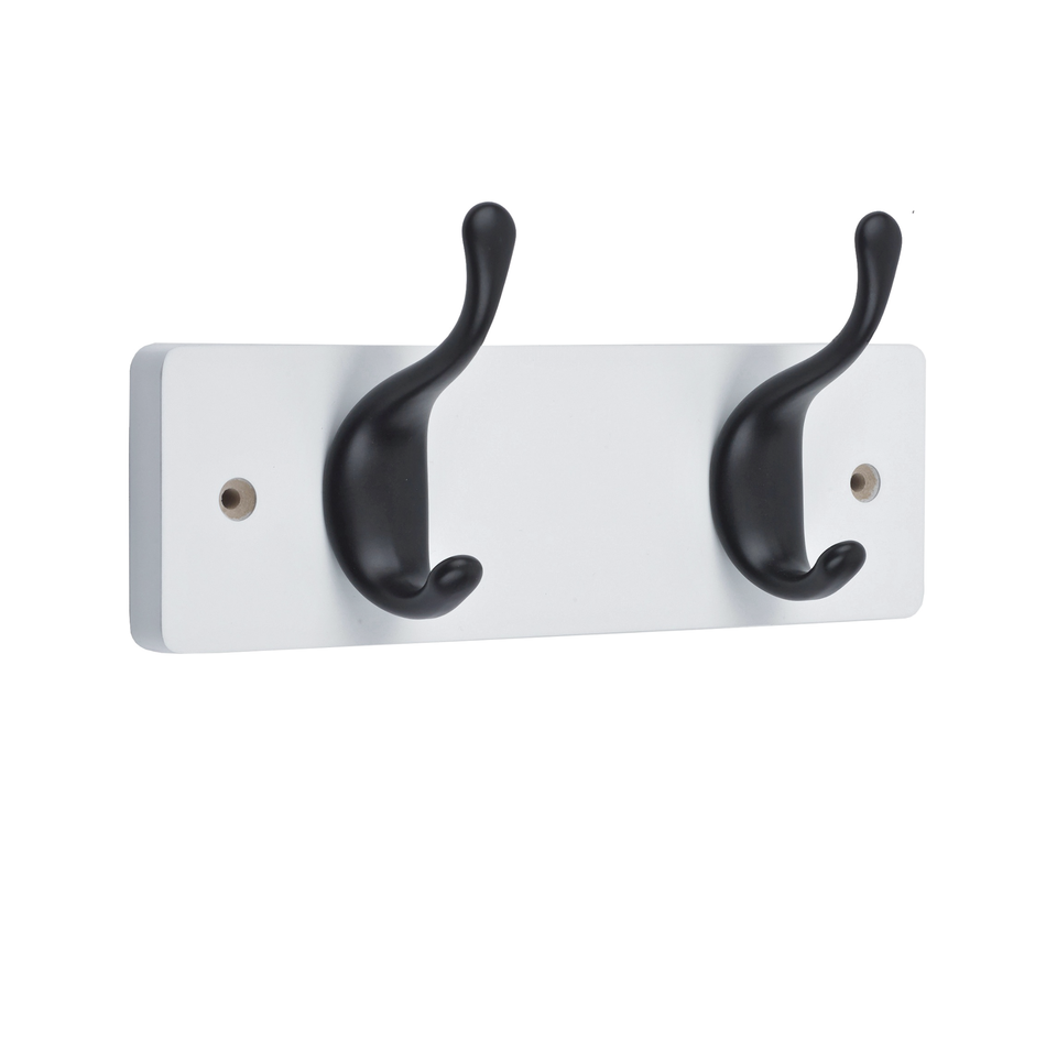 White Wooden Wall Mounted Coat Rack with Black Modern Double Hooks - 2 Hooks