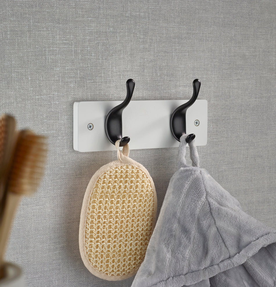 Coat Rack  -  White with 2 Modern Hooks in Black