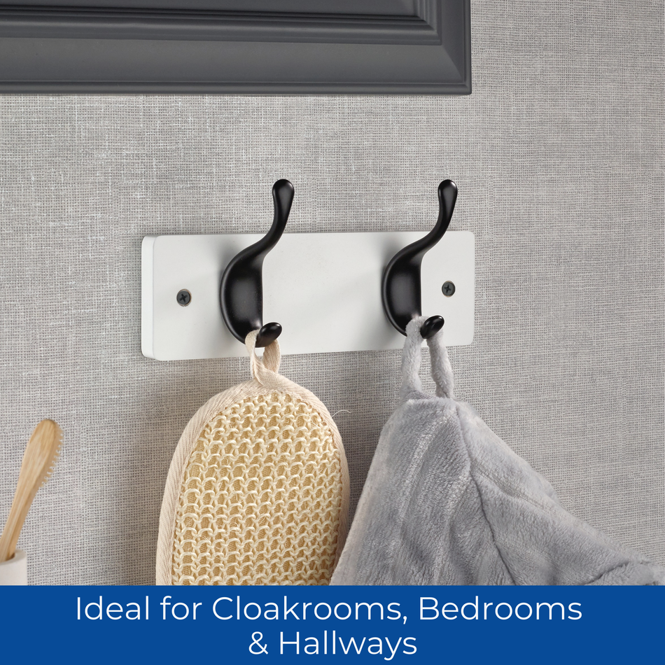 White Wooden Wall Mounted Coat Rack with Black Modern Double Hooks - 2 Hooks