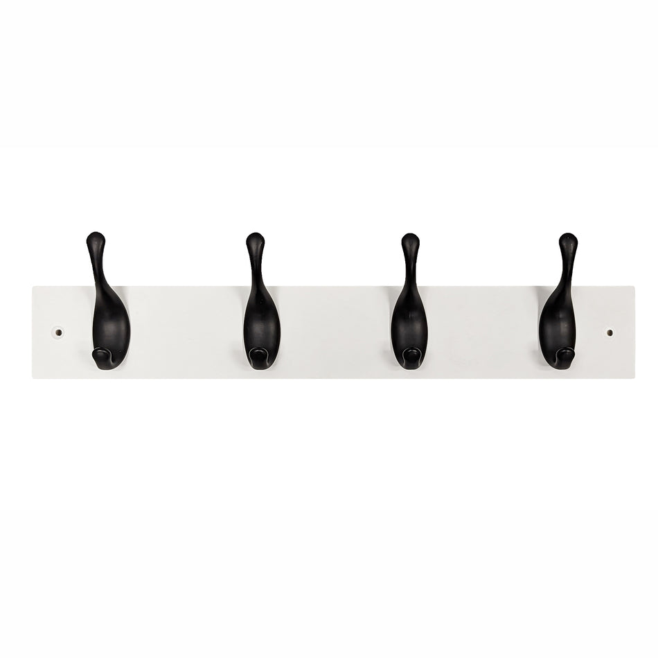Coat Rack  -  White Block with 4 Black Modern Hooks