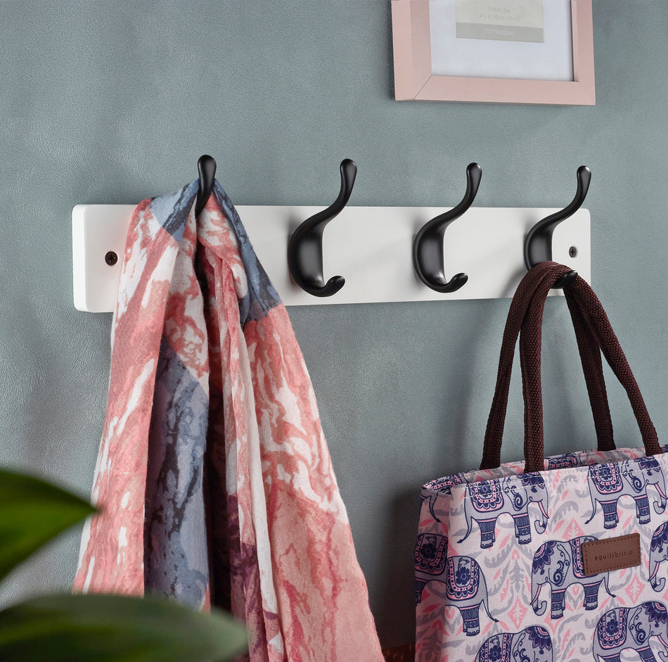 Coat Rack  -  White Block with 4 Black Modern Hooks