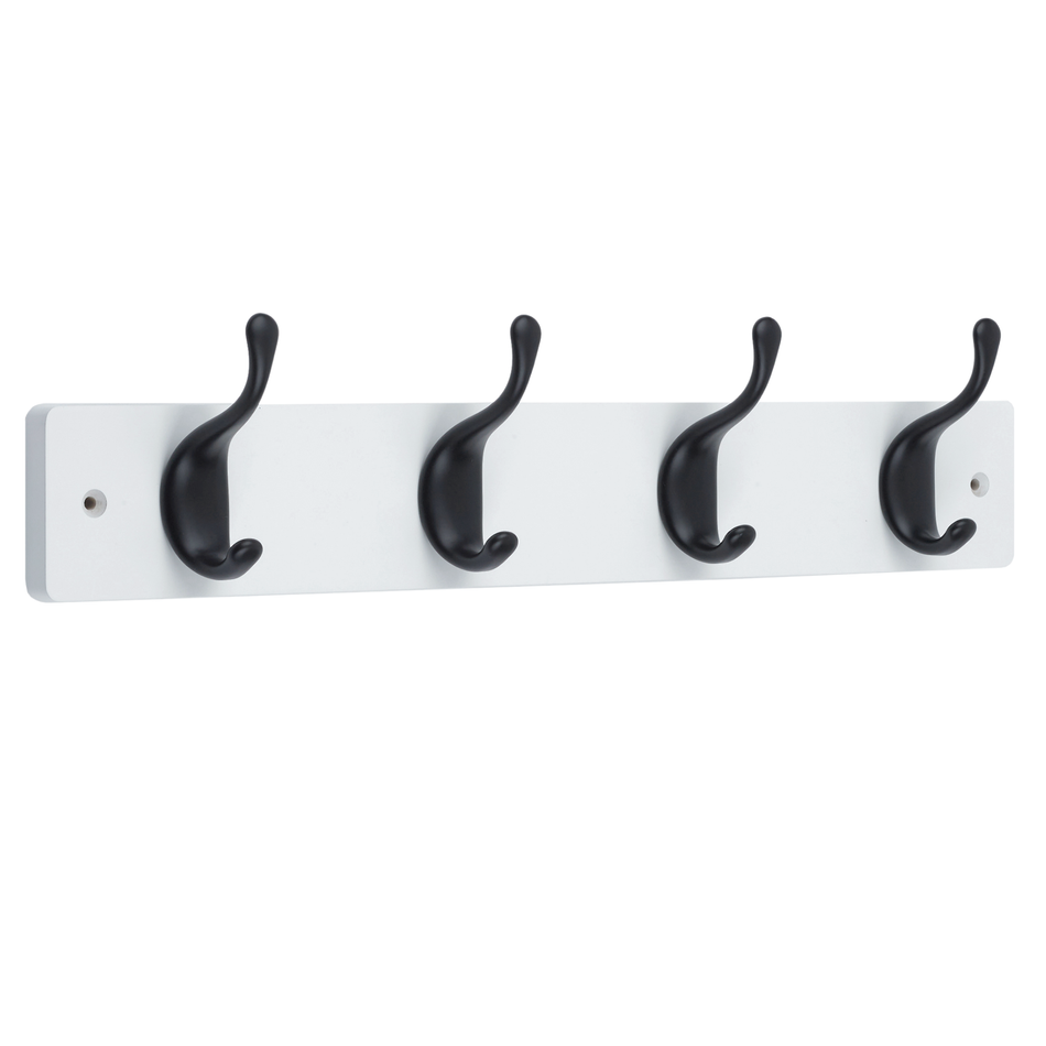 White Wooden Wall Mounted Coat Rack with Black Modern Double Hooks - 4 Hooks