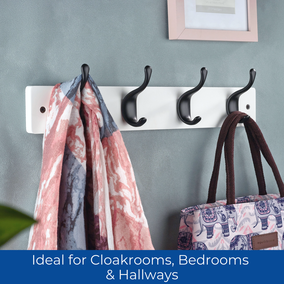 White Wooden Wall Mounted Coat Rack with Black Modern Double Hooks - 4 Hooks