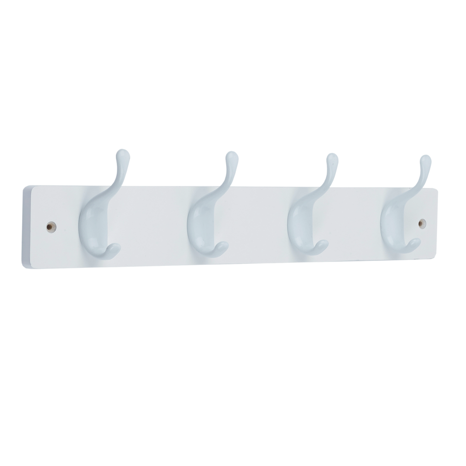 White Wooden Wall Mounted Coat Rack with White Modern Double Hooks - 4 Hooks