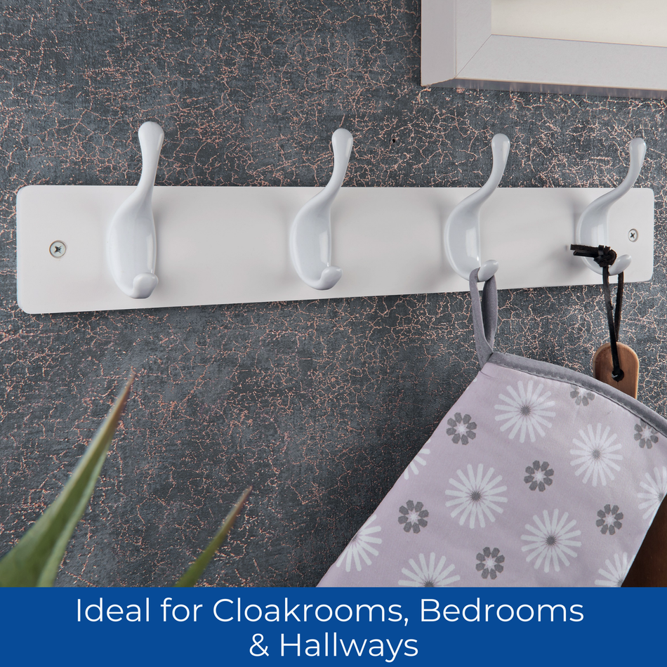 White Wooden Wall Mounted Coat Rack with White Modern Double Hooks - 4 Hooks